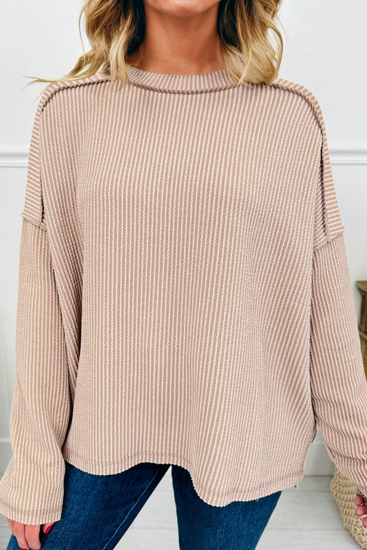 Parchment Twist Ribbed Exposed Seam Detail Long Sleeve Loose Top-Tops/Long Sleeve Tops-[Adult]-[Female]-Parchment-S-2022 Online Blue Zone Planet