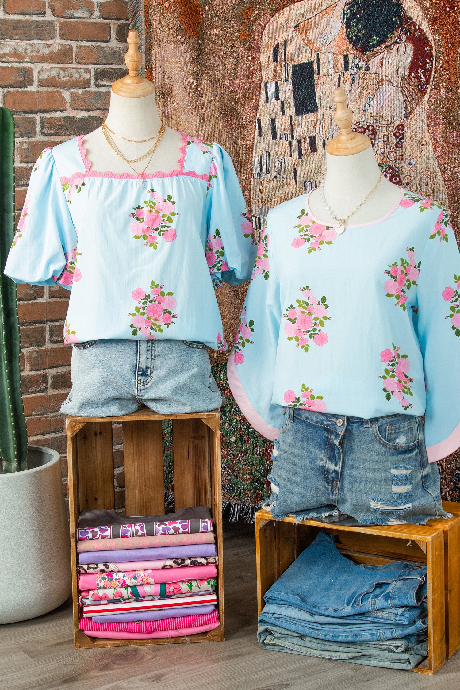 Sky Blue Floral Printed Contrast Ricrac Detail Bubble Sleeve Blouse-Tops/Blouses & Shirts-[Adult]-[Female]-2022 Online Blue Zone Planet