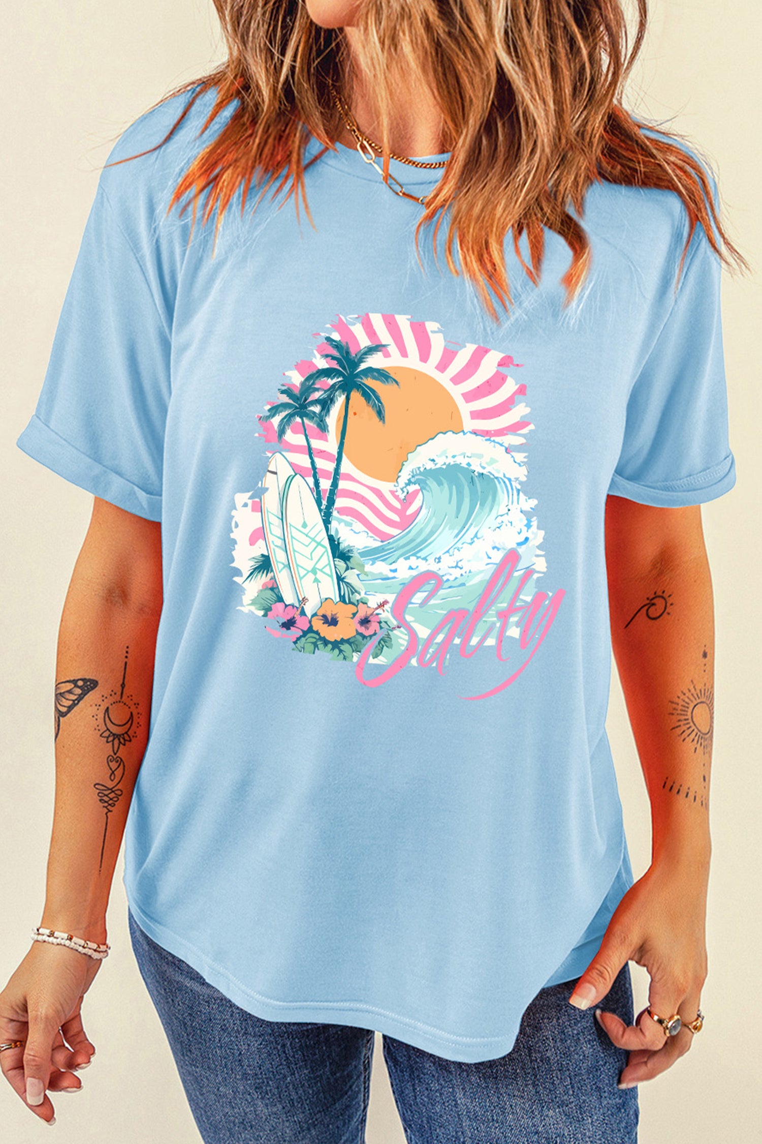 Light Blue Salty Beach Resort Vacation Surf Graphic Tee-Graphic/Graphic Tees-[Adult]-[Female]-2022 Online Blue Zone Planet