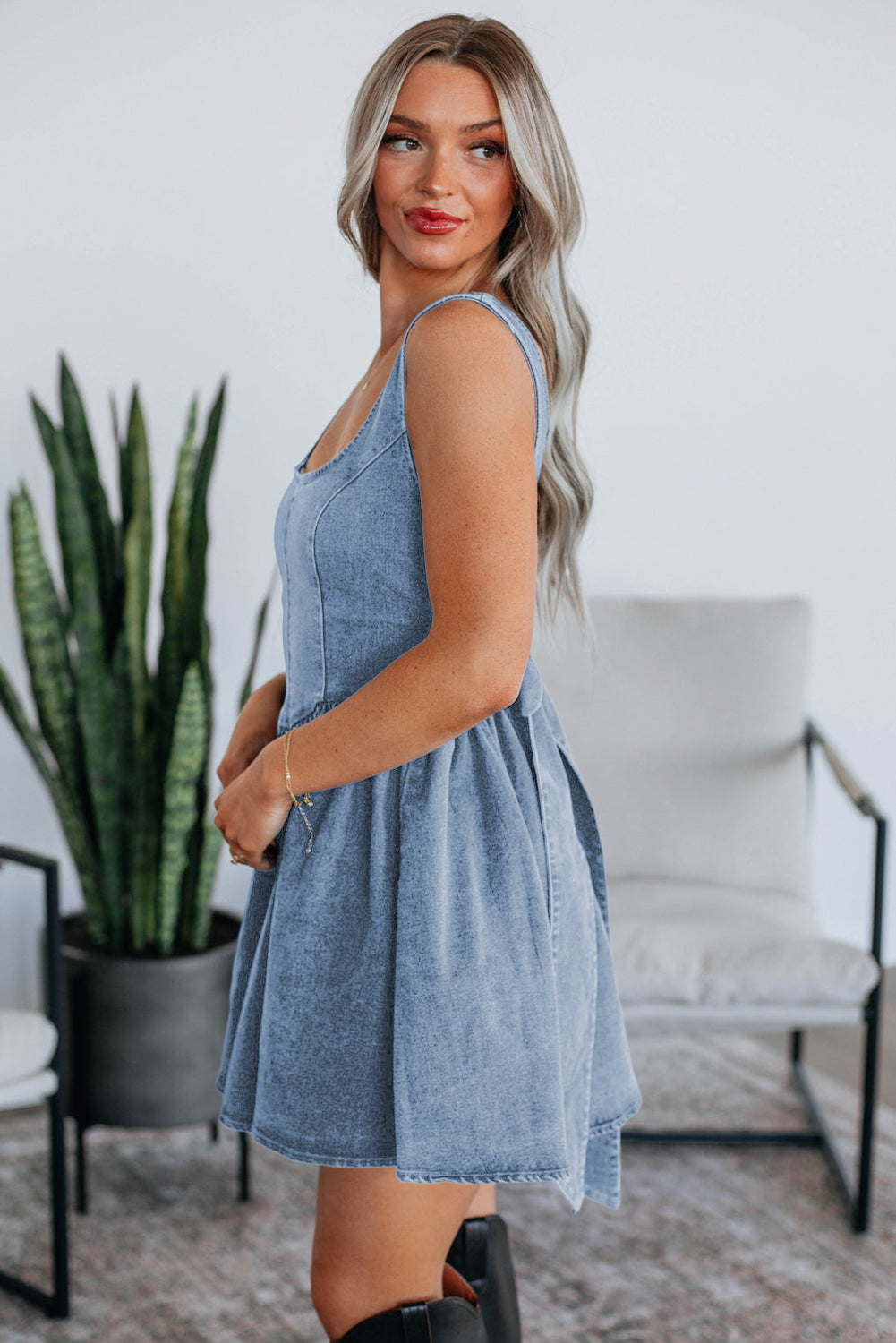 Myosotis Square Neck Bowknot A-line Sleeveless Denim Dress-TOPS / DRESSES-[Adult]-[Female]-2022 Online Blue Zone Planet