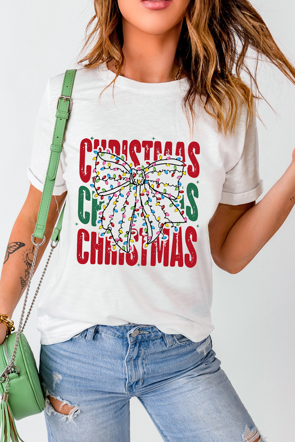 White Christmas Bowknot Graphic Tee-Graphic Tees-[Adult]-[Female]-2022 Online Blue Zone Planet