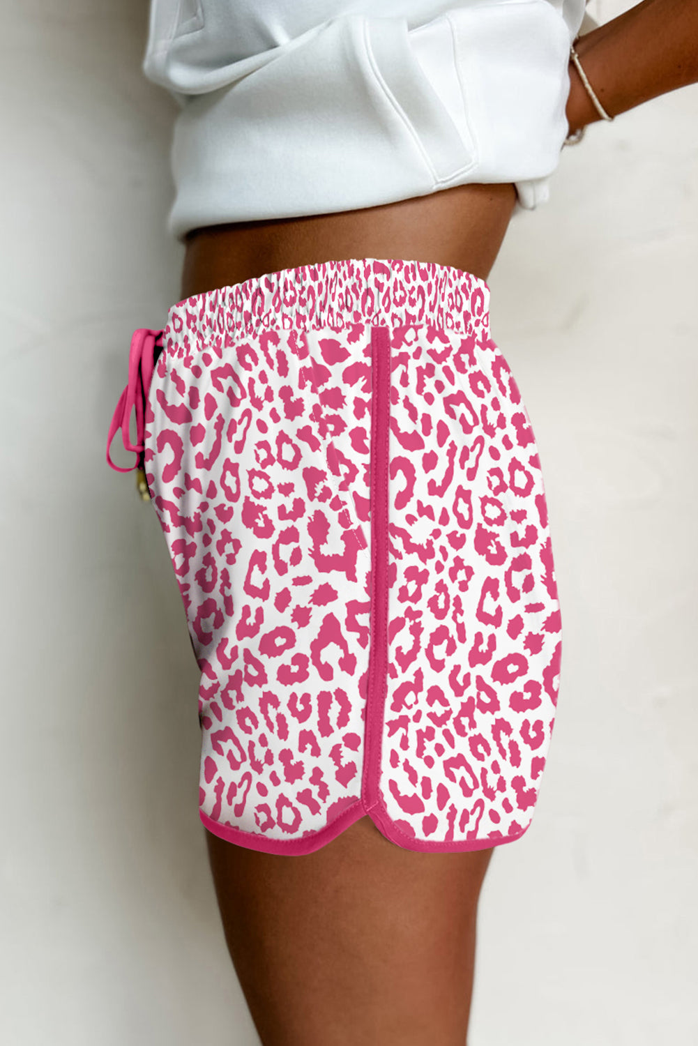 Pink Leopard Elastic Waist Lace Up Contrast Trim Casual Shorts-Bottoms/Casual Shorts-[Adult]-[Female]-2022 Online Blue Zone Planet