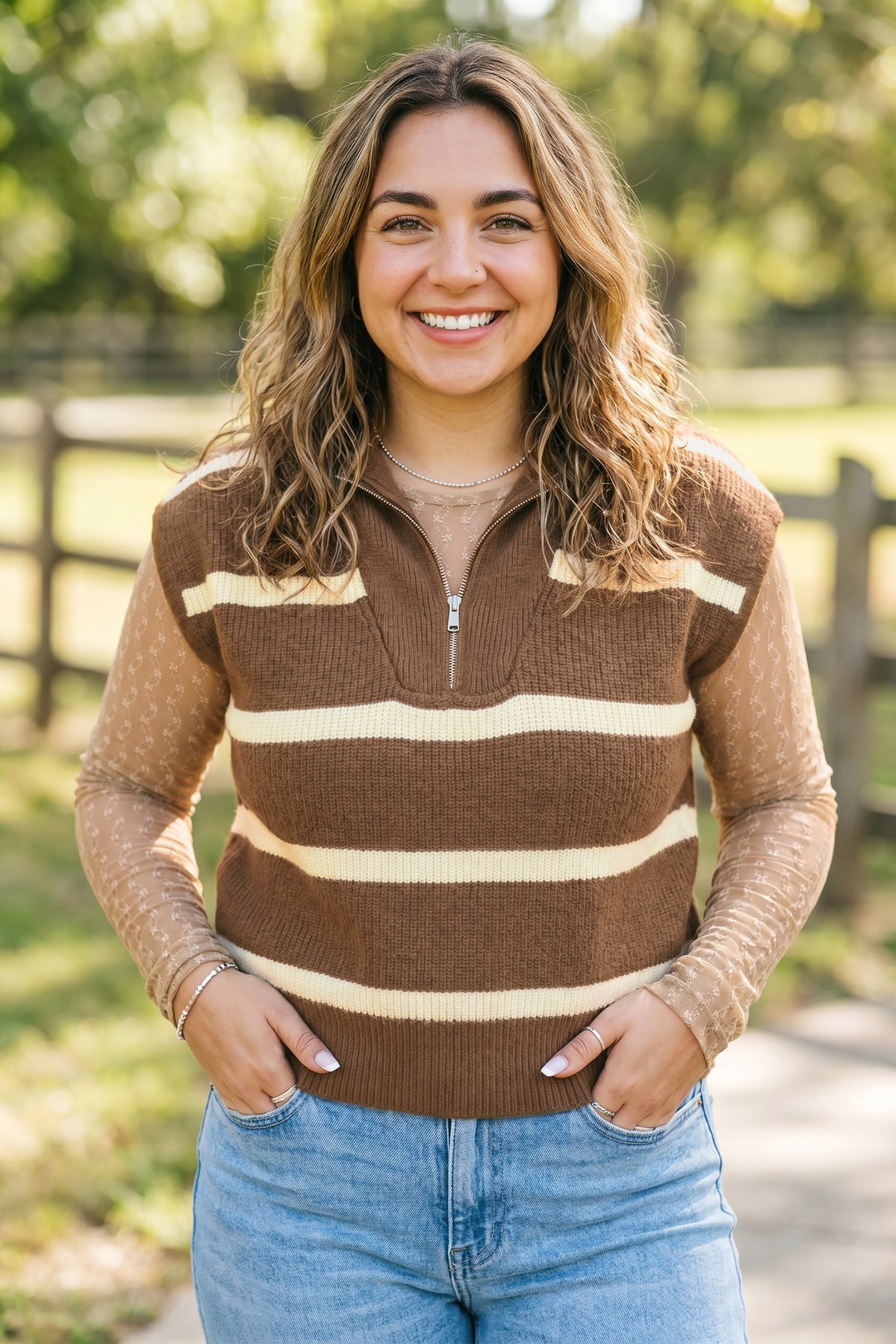Brown Stripe Striped Colorblock Drop Shoulder V Neck Tunic Sweater T-shirt