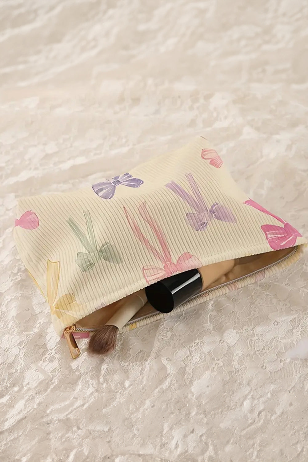 Beige Bow Print Corduroy Makeup Bag-Bags-[Adult]-[Female]-Beige-ONE SIZE-2022 Online Blue Zone Planet