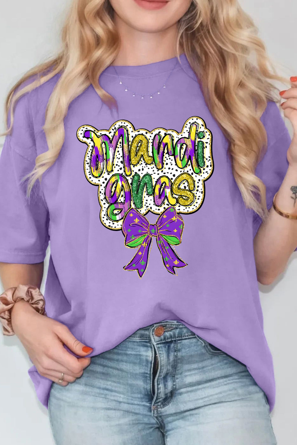 Wisteria mardi gras Bow Graphic Crewneck Holiday T Shirt-Graphic Tees-[Adult]-[Female]-2022 Online Blue Zone Planet