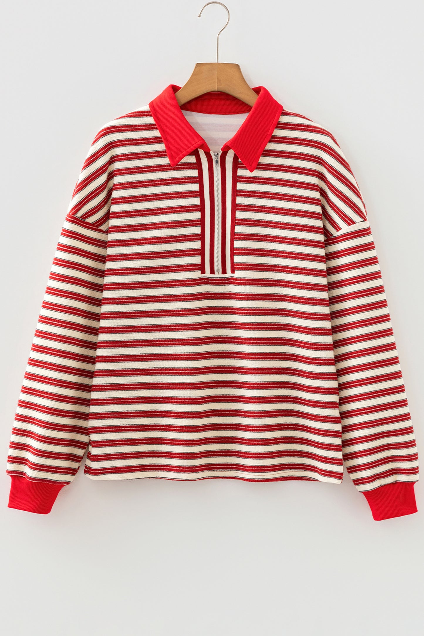 Racing Red Striped Print Contrast Collar Zip V Neck Long Sleeve Top-Tops/Long Sleeve Tops-[Adult]-[Female]-2022 Online Blue Zone Planet