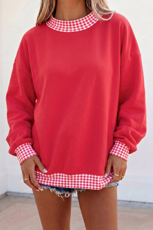 Fiery Red Colorblock Polka Dot Contrast Trim Oversized Sweatshirt-Tops/Sweatshirts & Hoodies-[Adult]-[Female]-Fiery Red-S-2022 Online Blue Zone Planet