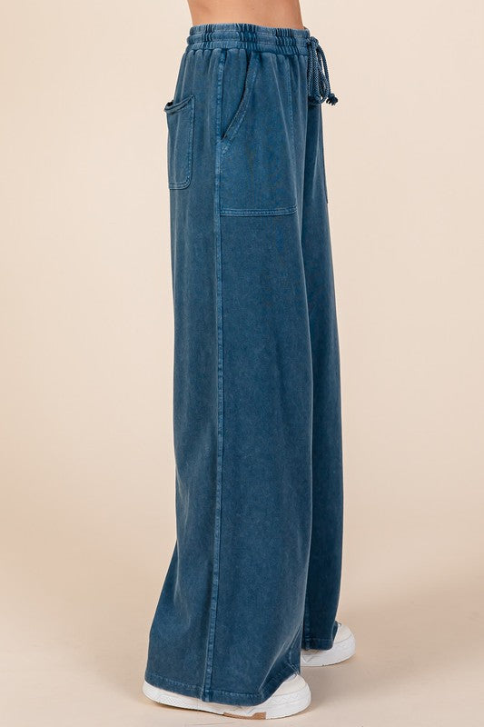 Blue Zone Planet | Mittoshop Mineral Wash French Terry Drawstring Wide Leg Pants-BOTTOMS SIZES SMALL MEDIUM LARGE-[Adult]-[Female]-2022 Online Blue Zone Planet