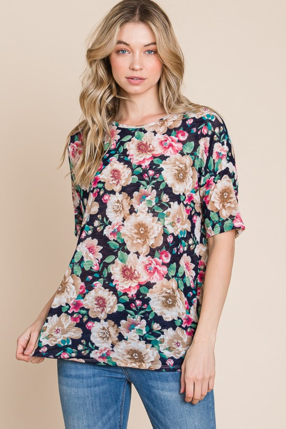 Blue Zone Planet | BOMBOM Floral Round Neck T-Shirt-TOPS / DRESSES-[Adult]-[Female]-2022 Online Blue Zone Planet