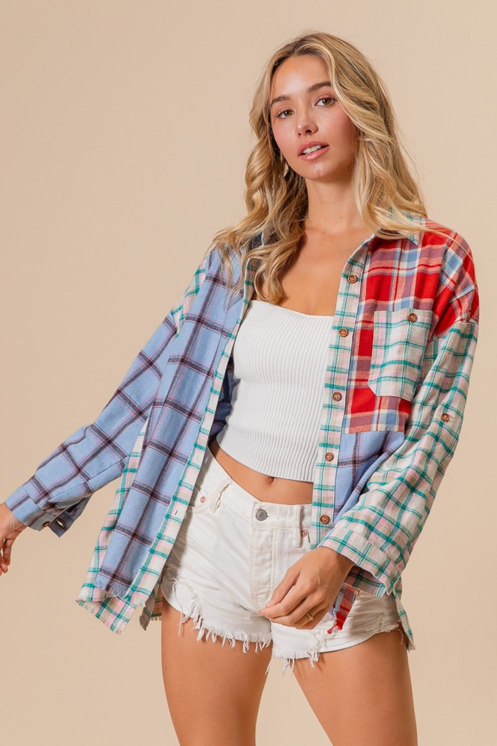 BiBi Color Block Plaid Button Down Shirt-TOPS / DRESSES-[Adult]-[Female]-2022 Online Blue Zone Planet