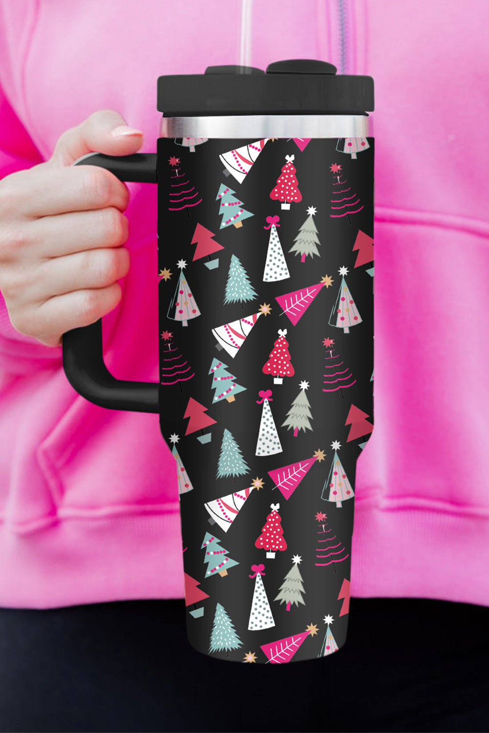 Black Cartoon Christmas Tree Printed Thermos Cup 40oz-Accessories/Tumblers-[Adult]-[Female]-Black-ONE SIZE-2022 Online Blue Zone Planet