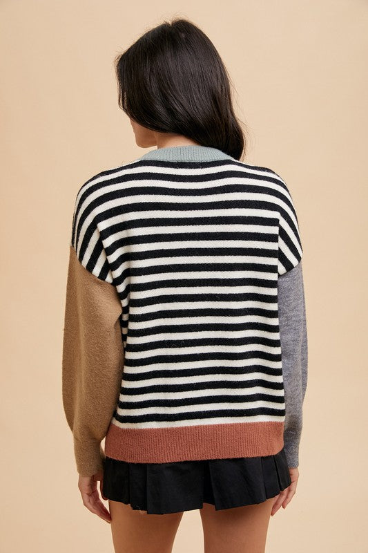 Annie Wear Striped Color Block Round Neck Sweater-TOPS / DRESSES-[Adult]-[Female]-2022 Online Blue Zone Planet