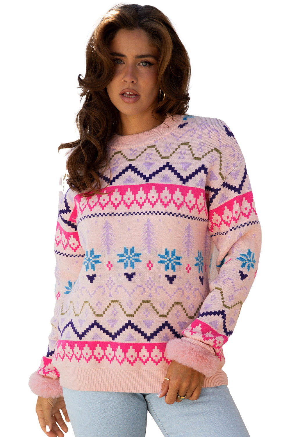 Multicolour Ethnic Christmas Pattern Knit Feather Cuffed Sweater-TOPS / DRESSES-[Adult]-[Female]-2022 Online Blue Zone Planet