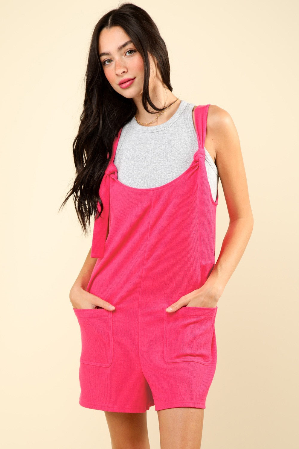 VERY J Tie Shoulder Front Pocket Romper-TOPS / DRESSES-[Adult]-[Female]-Hot Pink-S-2022 Online Blue Zone Planet