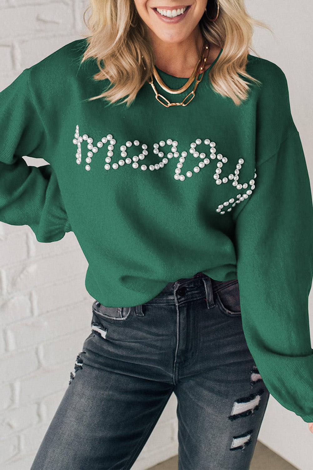 Zone Planet Blackish Green Pearl Beaded Merry Casual Sweater