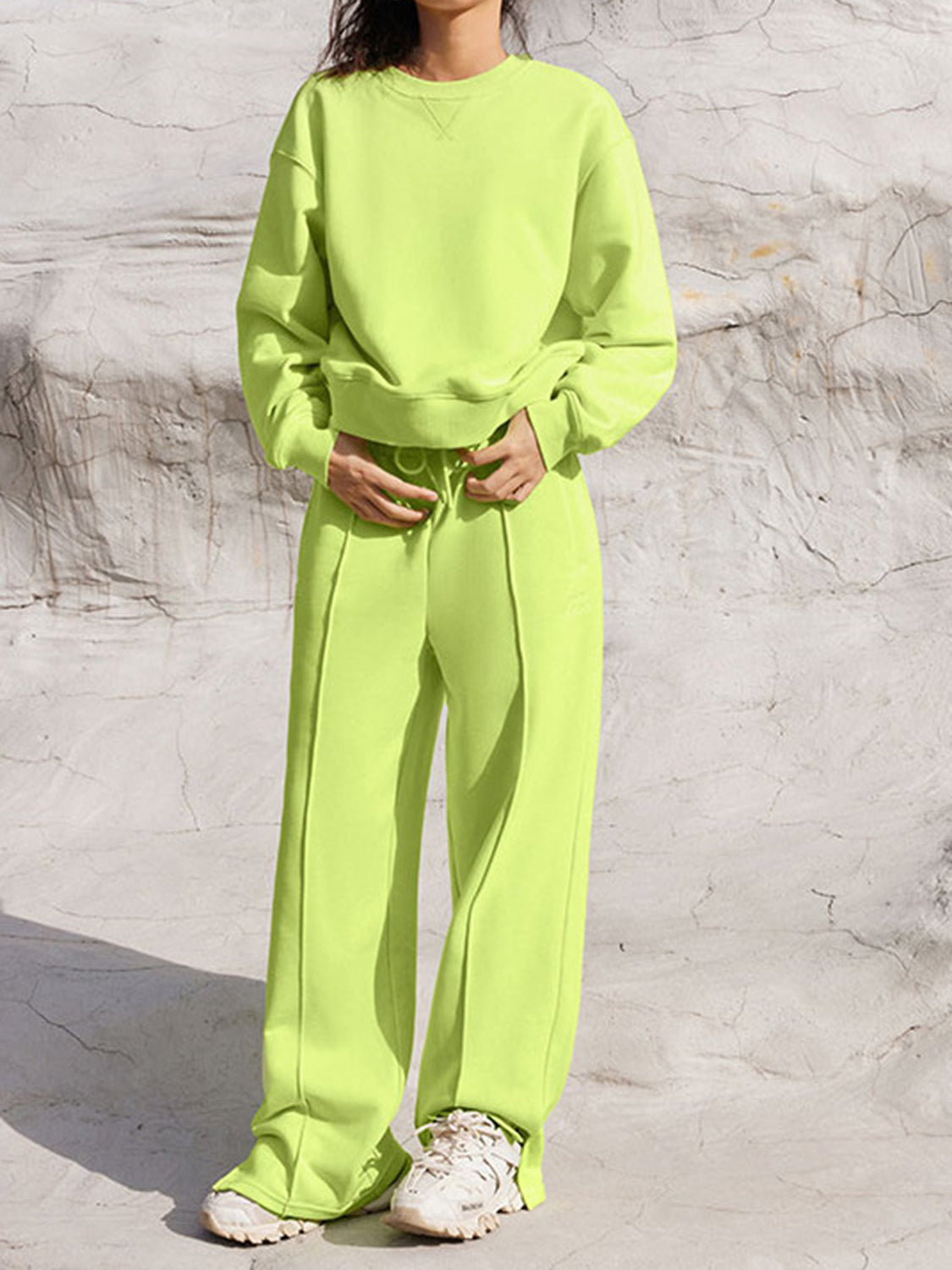 Blue Zone Planet | Round Neck Long Sleeve Top and Elastic Waist Pants Set-TOPS / DRESSES-[Adult]-[Female]-Lime-S-2022 Online Blue Zone Planet