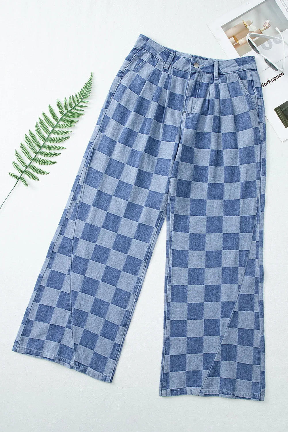 Blue Zone Planet | Checkered Wide Leg Jeans with Pockets-BOTTOMS SIZES SMALL MEDIUM LARGE-[Adult]-[Female]-2022 Online Blue Zone Planet