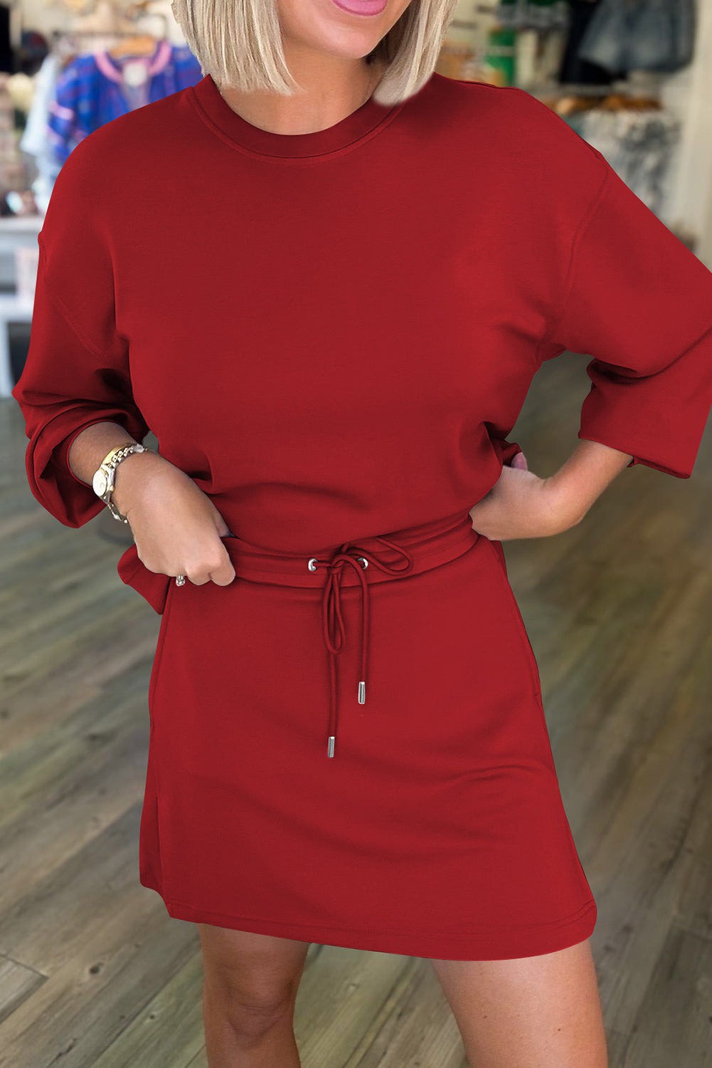 Racing Red Solid Color Drop Shoulder Pullover Drawstring Mini Skirt 2pcs Outfit-Two Piece Sets/Two Piece Dresses-[Adult]-[Female]-Racing Red-S-2022 Online Blue Zone Planet