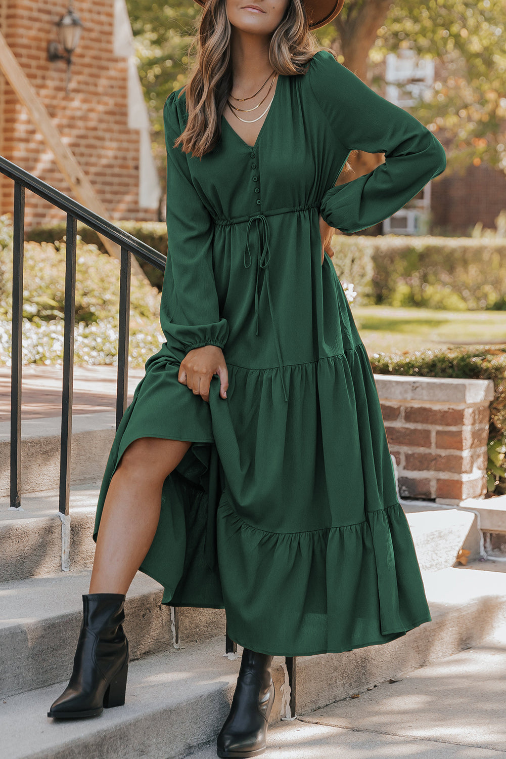 Blackish Green Solid Long Sleeve Button V Neck Tiered Maxi Dress-Dresses/Maxi Dresses-[Adult]-[Female]-Blackish Green-S-2022 Online Blue Zone Planet