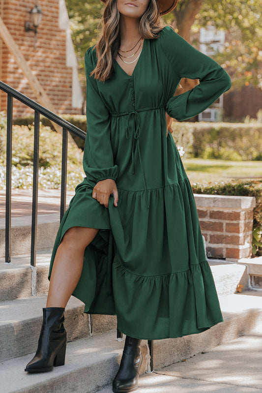 Blackish Green Solid Long Sleeve Button V Neck Tiered Maxi Dress-Dresses/Maxi Dresses-[Adult]-[Female]-Blackish Green-S-2022 Online Blue Zone Planet