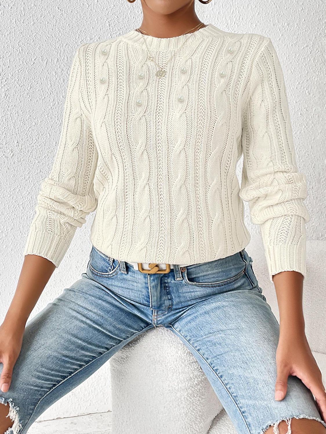 Blue Zone Planet | Cable-Knit Round Neck Long Sleeve Sweater-TOPS / DRESSES-[Adult]-[Female]-Ivory-S-2022 Online Blue Zone Planet