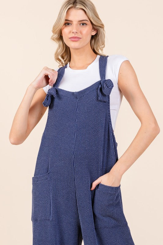 Blue Zone Planet | BOMBOM Knot Straps Wide Leg Ribbed Overalls with Pockets-BOTTOMS SIZES SMALL MEDIUM LARGE-[Adult]-[Female]-2022 Online Blue Zone Planet