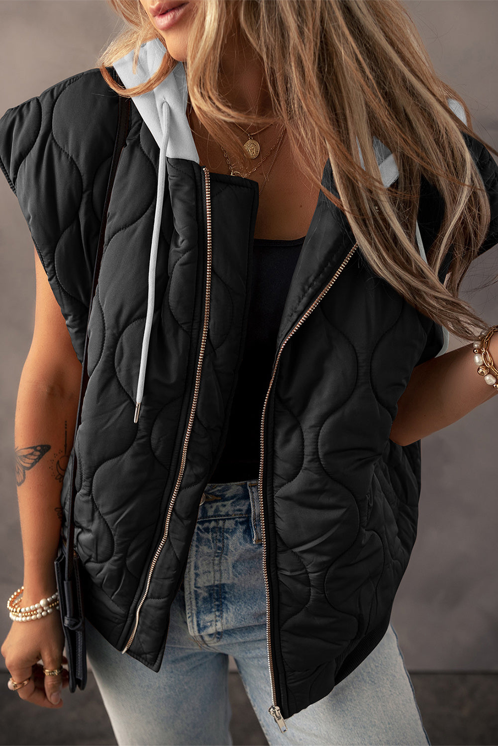 Black Quilted Drawstring Hooded Zip Up Puffer Vest-Tops / Dresses-[Adult]-[Female]-2022 Online Blue Zone Planet