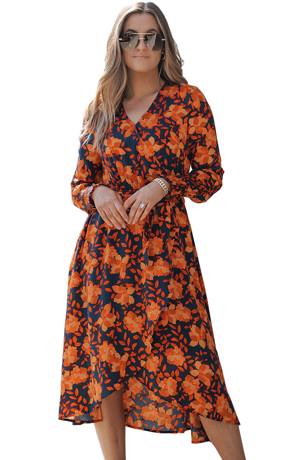 Blue Zone Planet | Orange Floral Print Faux Wrap Belted Dress-TOPS / DRESSES-[Adult]-[Female]-2022 Online Blue Zone Planet