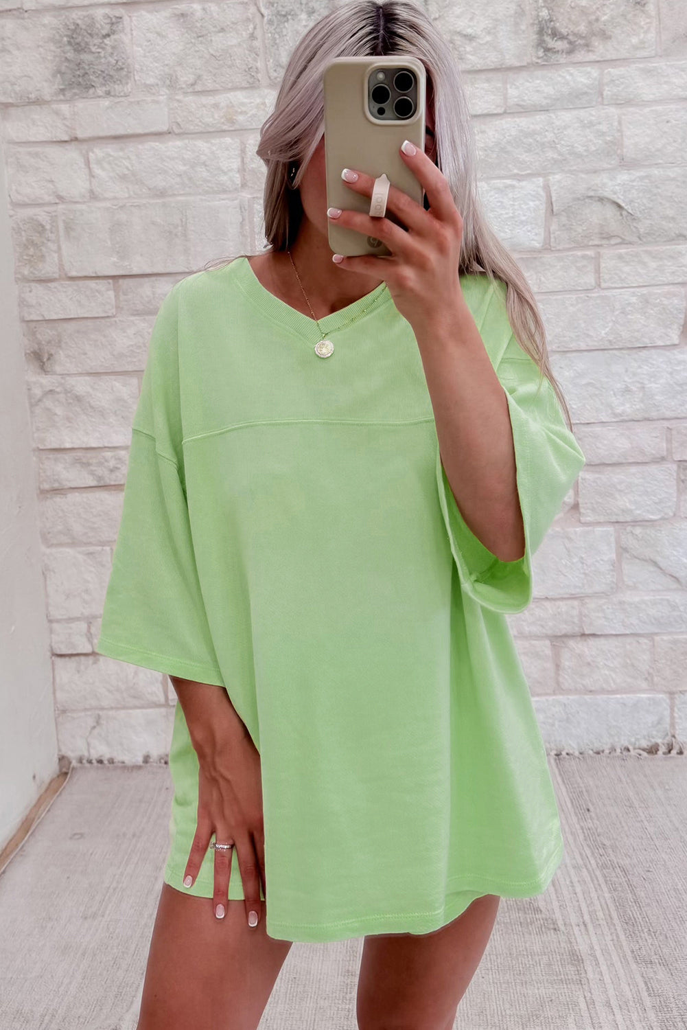 Meadow Mist Green Solid Loose V Neck Half Sleeve Tee and Shorts-Two Piece Sets/Short Sets-[Adult]-[Female]-2022 Online Blue Zone Planet