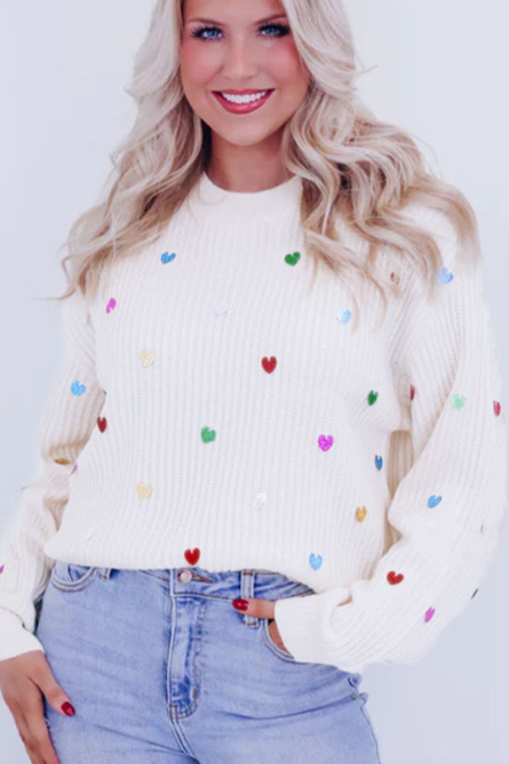 Heart Sequin Round Neck Long Sleeve Sweater-TOPS / DRESSES-[Adult]-[Female]-2022 Online Blue Zone Planet