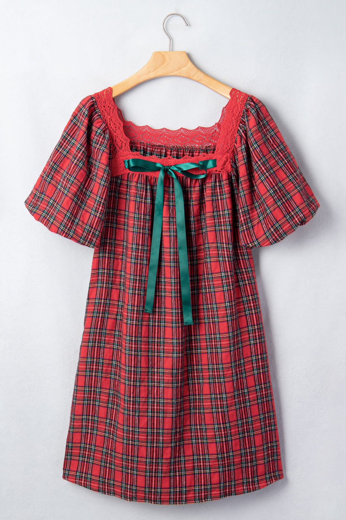 Red Plaid Square Collar Lace Trim Short Sleeve Shift Mini Dress-TOPS / DRESSES-[Adult]-[Female]-2022 Online Blue Zone Planet