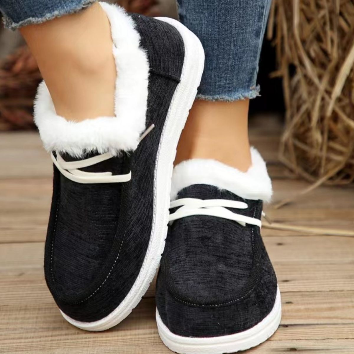 Blue Zone Planet | Lace Up Round Toe Furry Sneakers-SHOES-[Adult]-[Female]-Black-36(US5)-2022 Online Blue Zone Planet