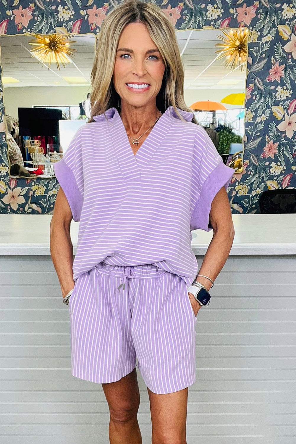 Khaki Stripe Dolman Sleeve Polo Shirt and Drawstring Shorts Set-Two Piece Sets/Short Sets-[Adult]-[Female]-2022 Online Blue Zone Planet