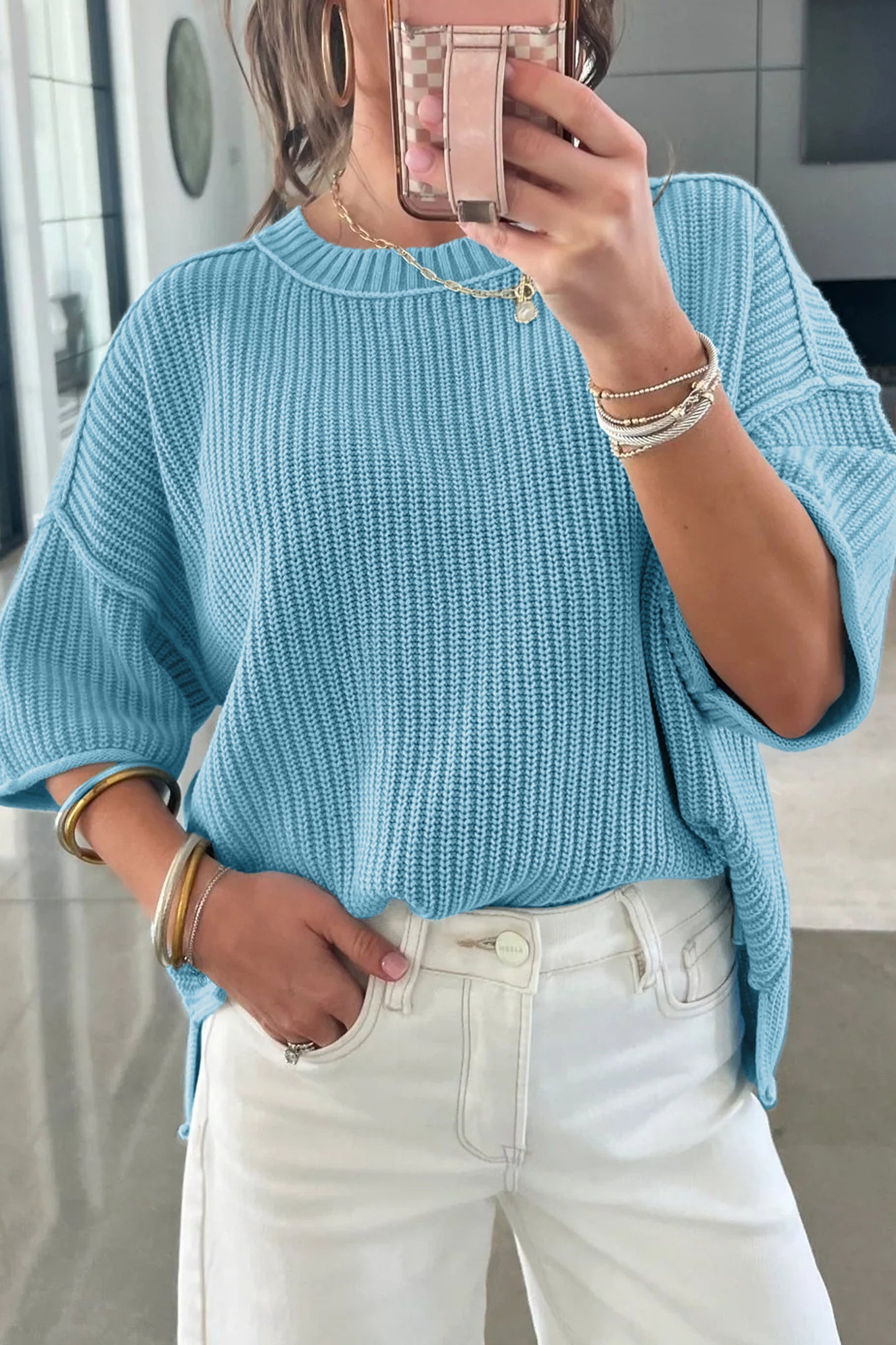 Mist Blue Exposed Seam Detail Half Sleeve Loose Sweater-Sweaters & Cardigans/Short Sleeve Sweaters-[Adult]-[Female]-2022 Online Blue Zone Planet