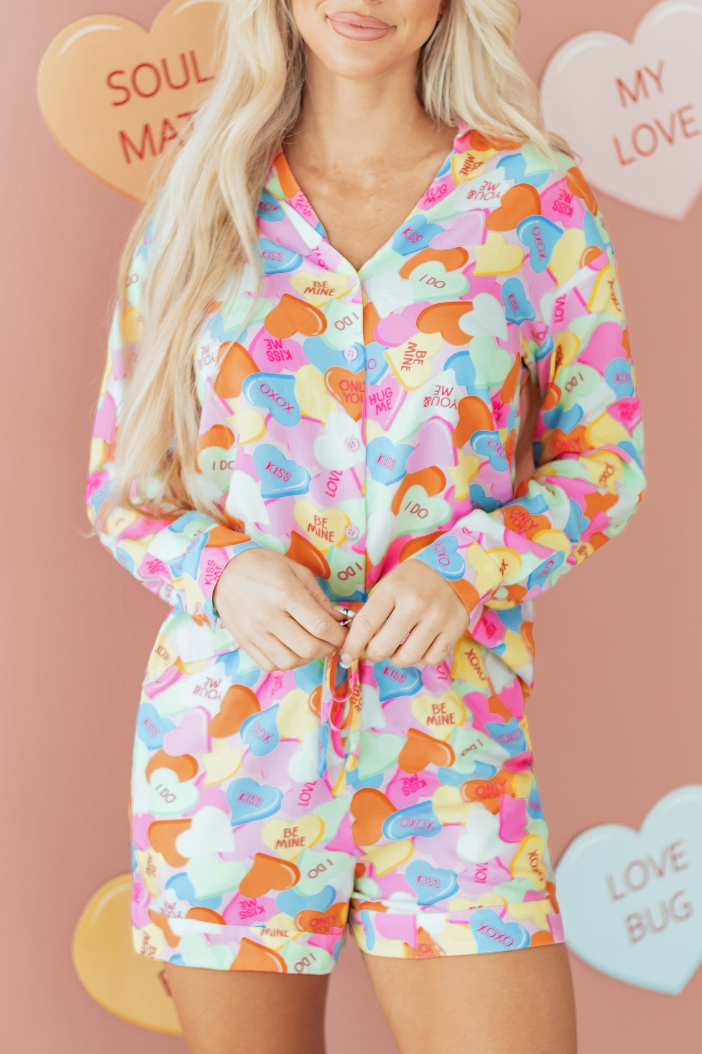 Pink Valentines Candy Heart V Neck Collared Tunic Shirt and Shorts 2pcs Pajama Set-Loungewear & Sleepwear/Loungewear-[Adult]-[Female]-2022 Online Blue Zone Planet