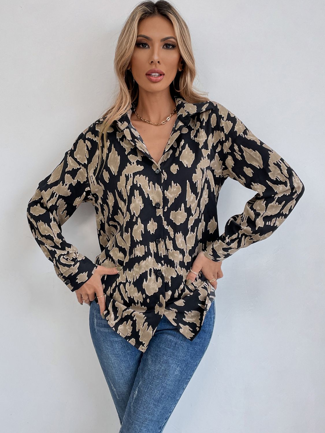 Printed Button Down Collared Neck Long Sleeve Shirt-TOPS / DRESSES-[Adult]-[Female]-2022 Online Blue Zone Planet