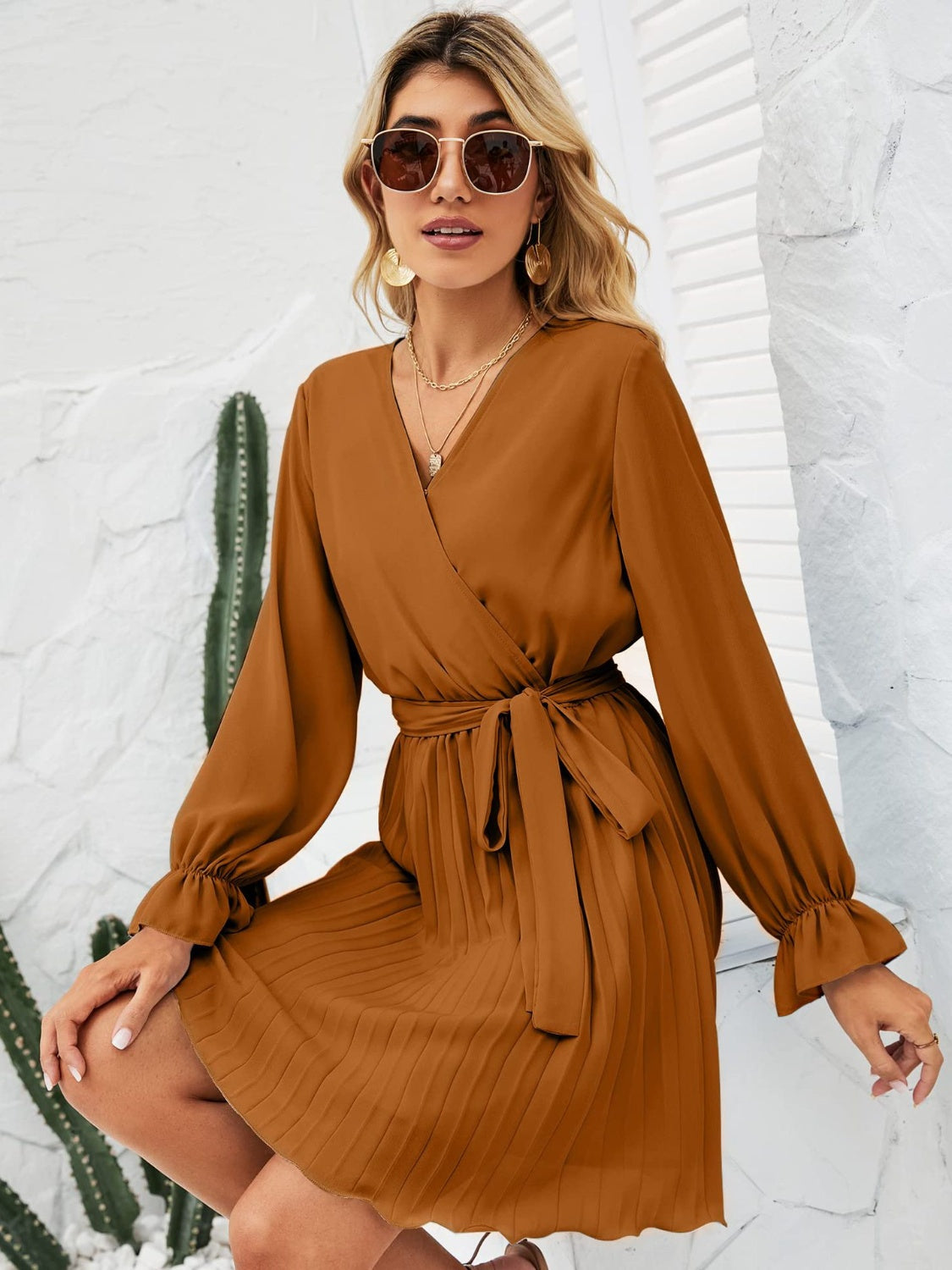 Surplice Flounce Sleeve Pleated Mini Dress-TOPS / DRESSES-[Adult]-[Female]-Caramel-S-2022 Online Blue Zone Planet