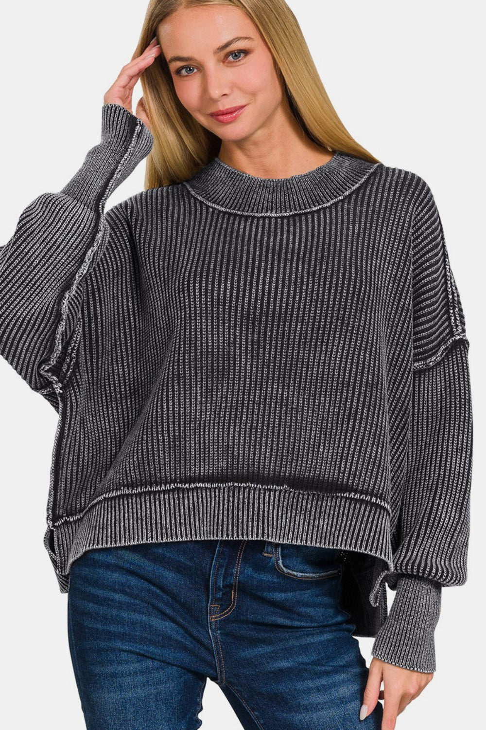 Blue Zone Planet | Zenana Exposed Seam Round Neck Dropped Shoulder Sweater-TOPS / DRESSES-[Adult]-[Female]-2022 Online Blue Zone Planet