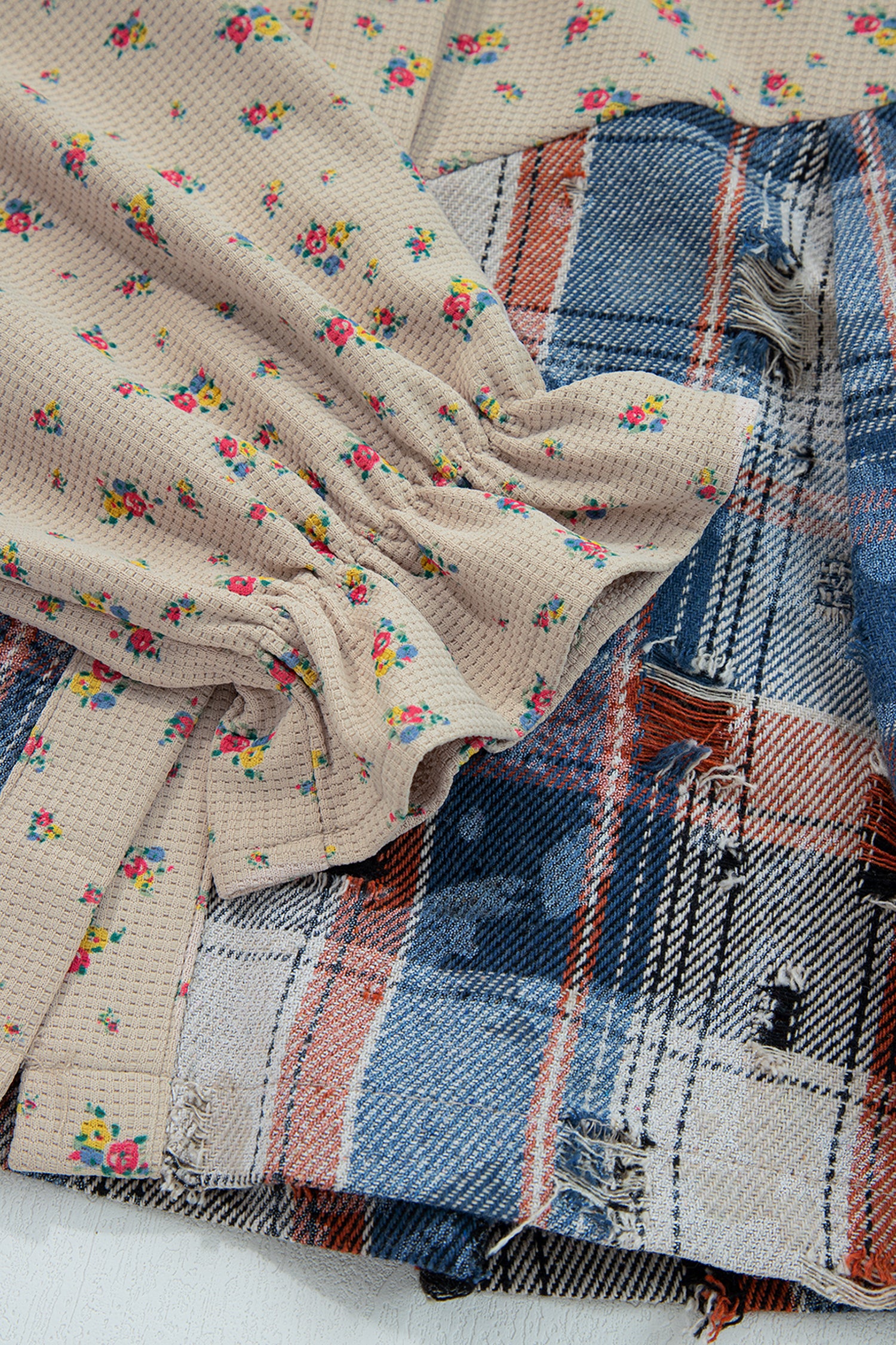 Ashleigh Blue Boho Floral Plaid Patchwork Distressed Detail Ruffled Sleeve Waffle Knit Shacket-Outerwear/Plaid Shackets-[Adult]-[Female]-2022 Online Blue Zone Planet