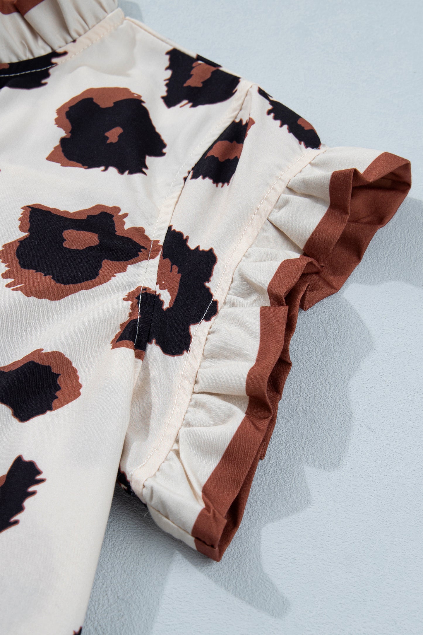 Khaki Leopard Printed Ruffle Sleeve Summer Blouse-Tops/Blouses & Shirts-[Adult]-[Female]-2022 Online Blue Zone Planet