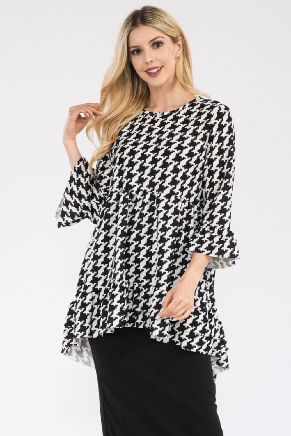 Celeste Full Size Houndstooth Flounce Sleeve High-Low Top-TOPS / DRESSES-[Adult]-[Female]-Black-S-2022 Online Blue Zone Planet