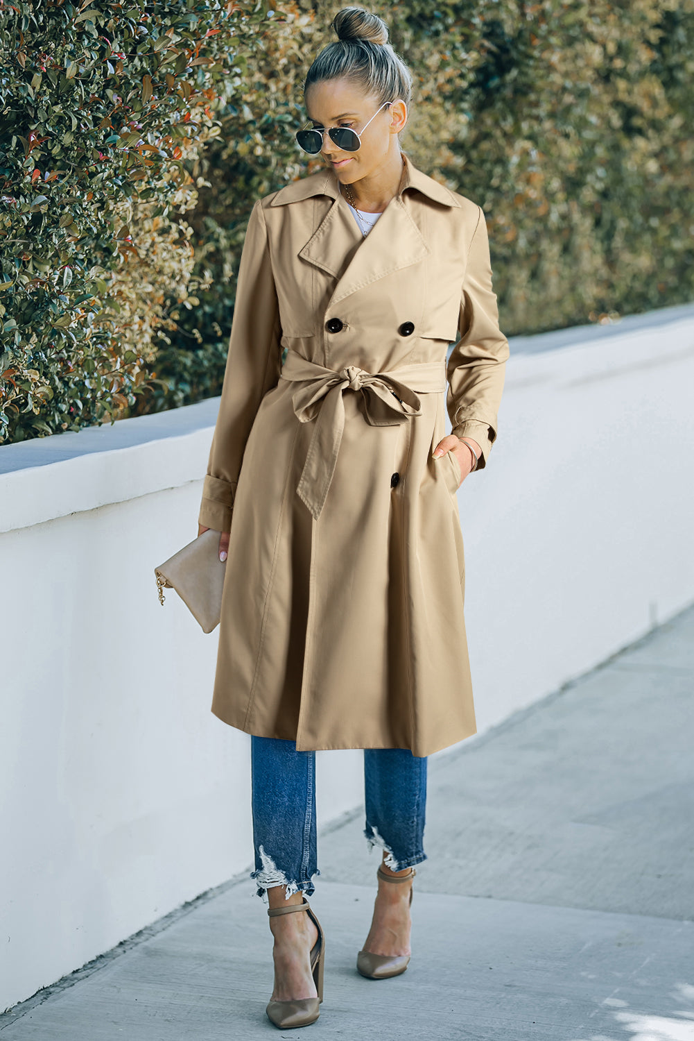 Blue Zone Planet | Pale Khaki Solid Color Lapel Collar Waist Tie Wind Coat-Outerwear/Coats-[Adult]-[Female]-2022 Online Blue Zone Planet