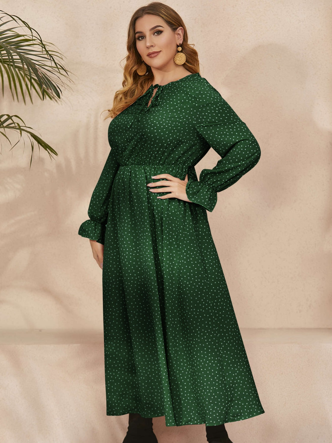 Plus Size Ruffled Polka Dot Long Sleeve Midi Dress-TOPS / DRESSES-[Adult]-[Female]-2022 Online Blue Zone Planet