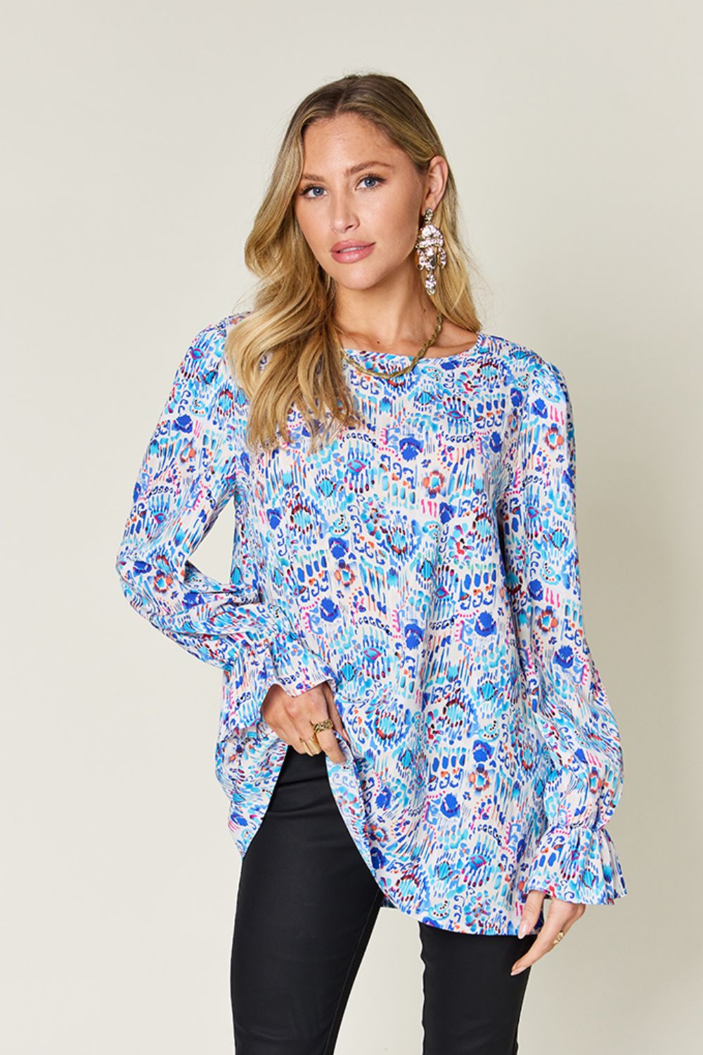 Blue Zone Planet | Double Take Full Size Printed Flounce Sleeve Blouse-TOPS / DRESSES-[Adult]-[Female]-Sky Blue-S-2022 Online Blue Zone Planet