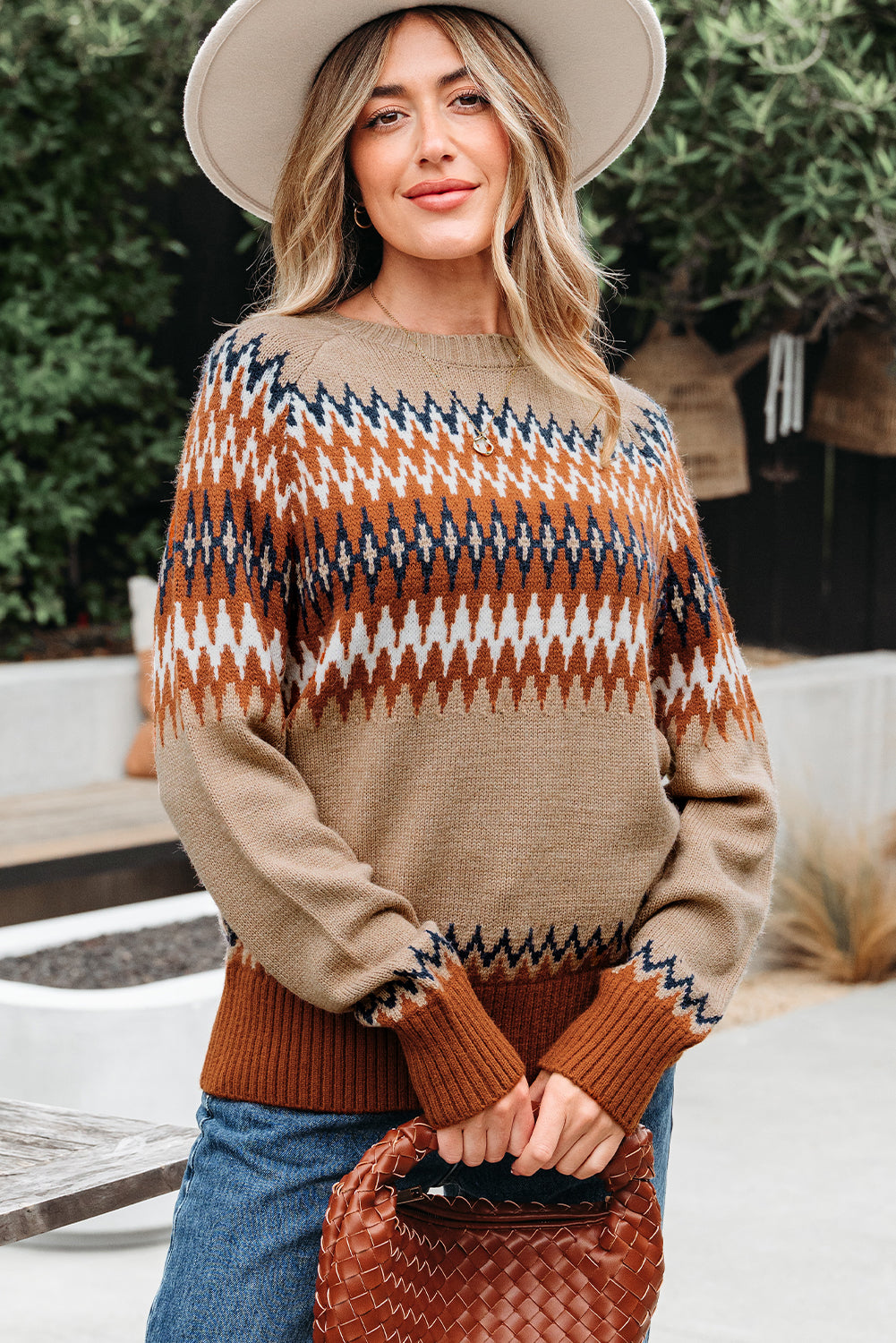 Khaki Aztec Print Colorblock Crew Neck Sweater-TOPS / DRESSES-[Adult]-[Female]-2022 Online Blue Zone Planet