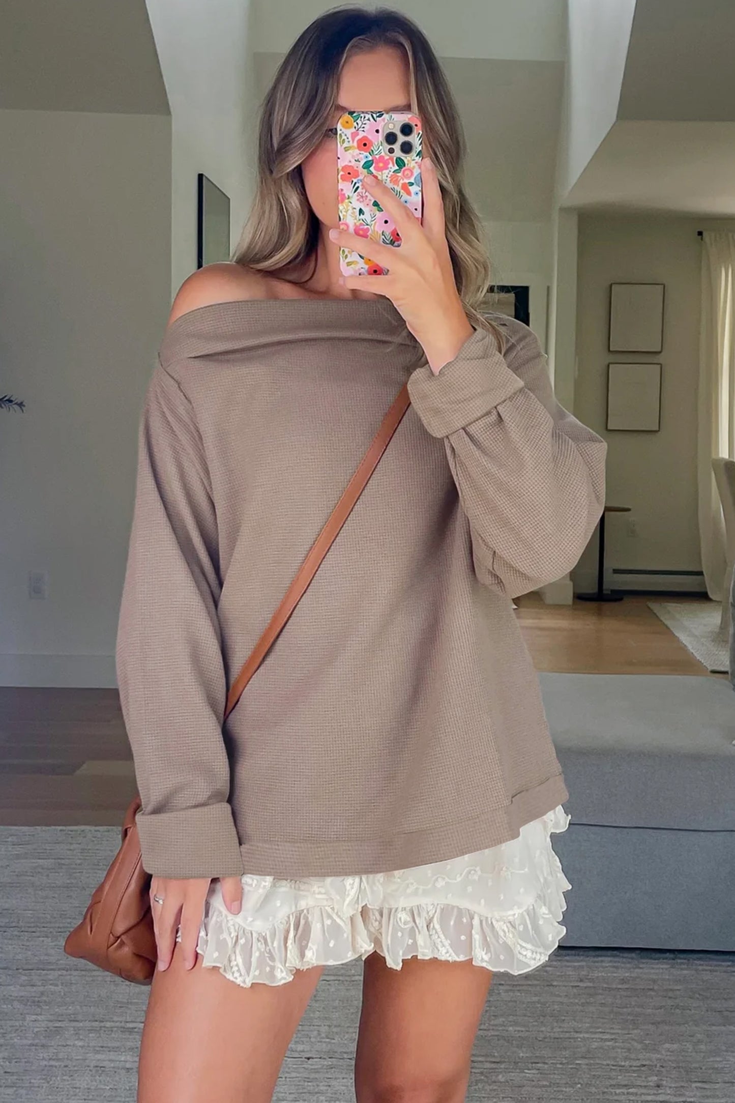 Old Rose Solid Color Waffle Knit Asymmetric Neck Long Sleeve Top-Tops/Long Sleeve Tops-[Adult]-[Female]-2022 Online Blue Zone Planet