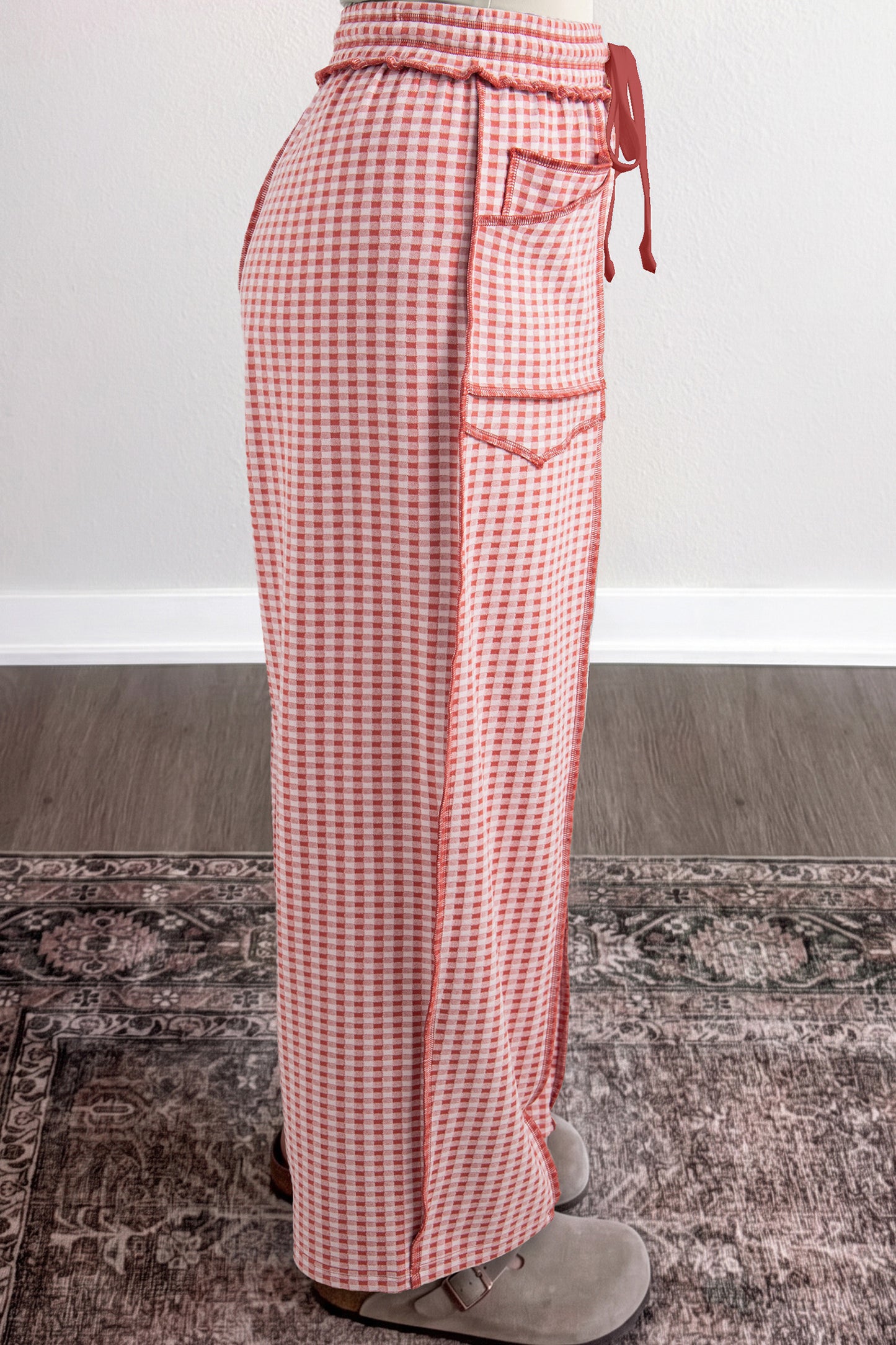 Red Plaid Contrast Trim Drawstring Elastic Waist Shift Pants-Bottoms/Pants & Culotte-[Adult]-[Female]-2022 Online Blue Zone Planet