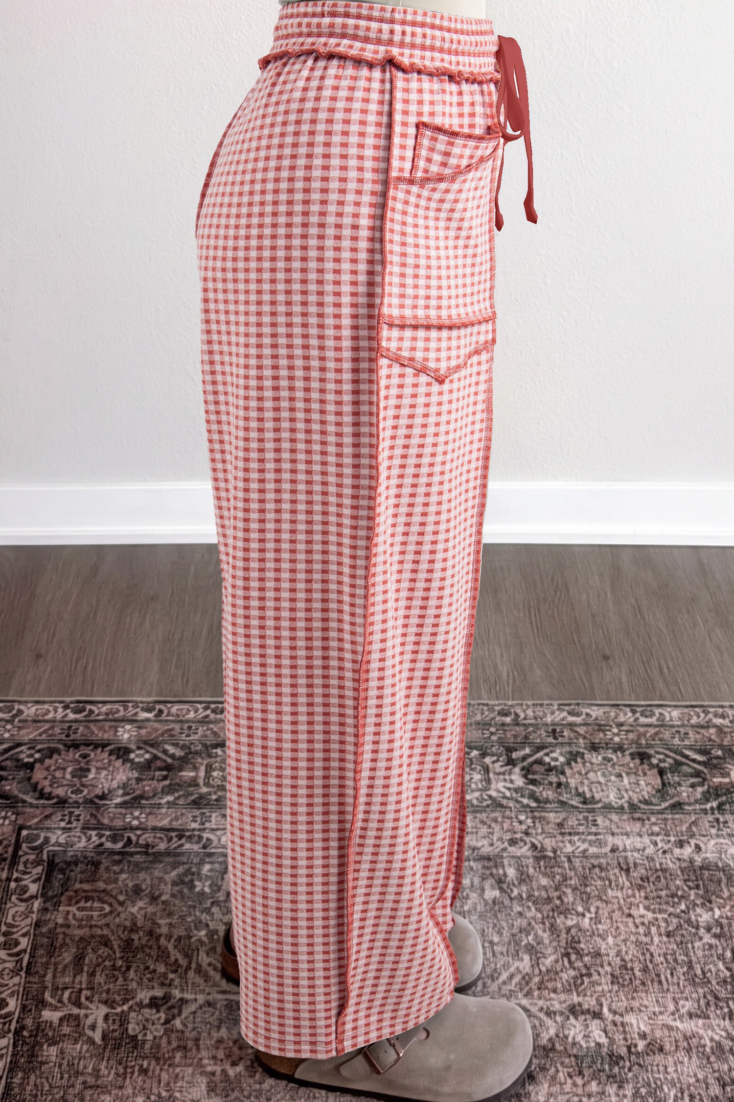 Red Plaid Contrast Trim Drawstring Elastic Waist Shift Pants-Bottoms/Pants & Culotte-[Adult]-[Female]-2022 Online Blue Zone Planet