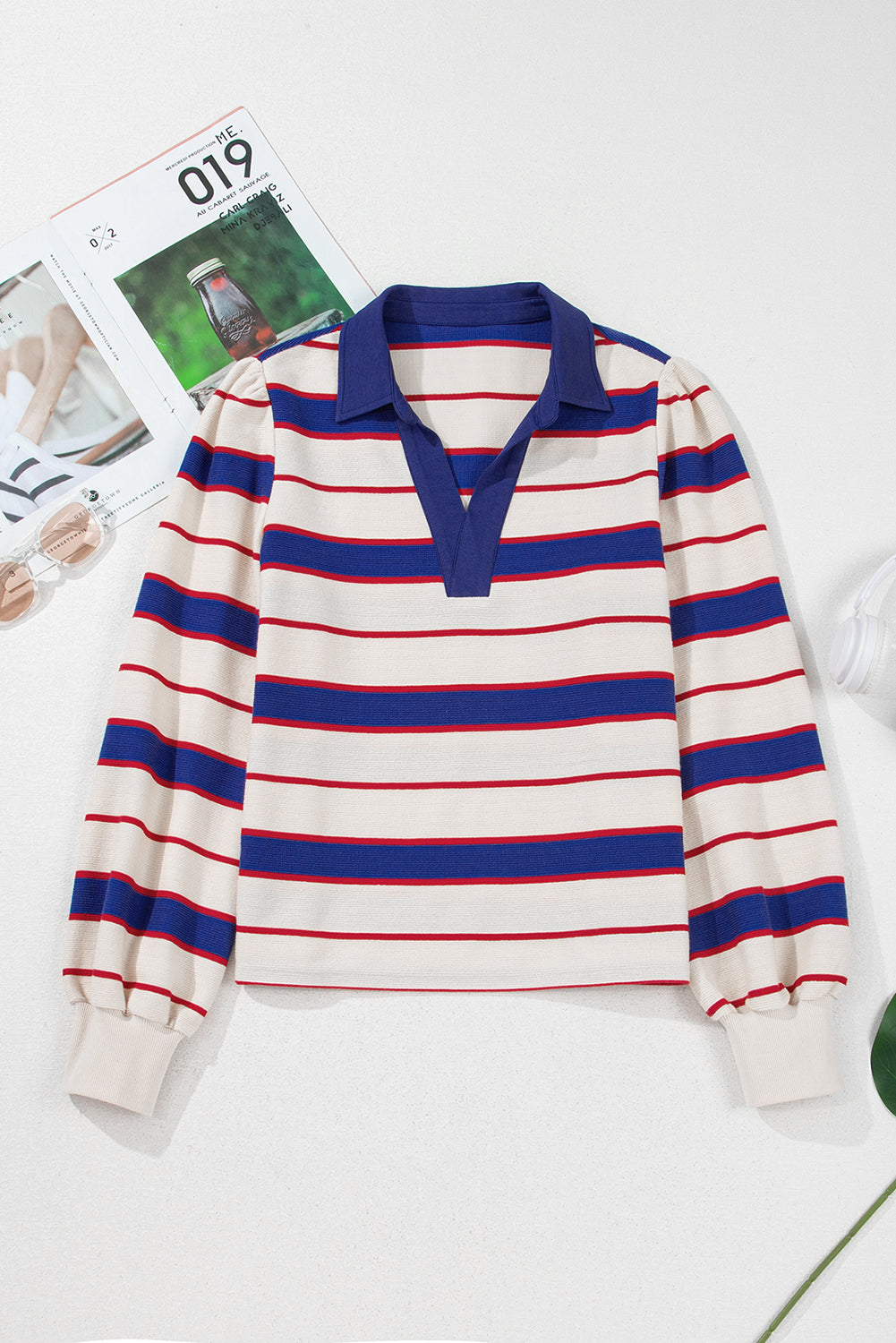 Blue Stripe Color Block Polo Pullover Sweatshirt-Tops/Sweatshirts & Hoodies-[Adult]-[Female]-2022 Online Blue Zone Planet