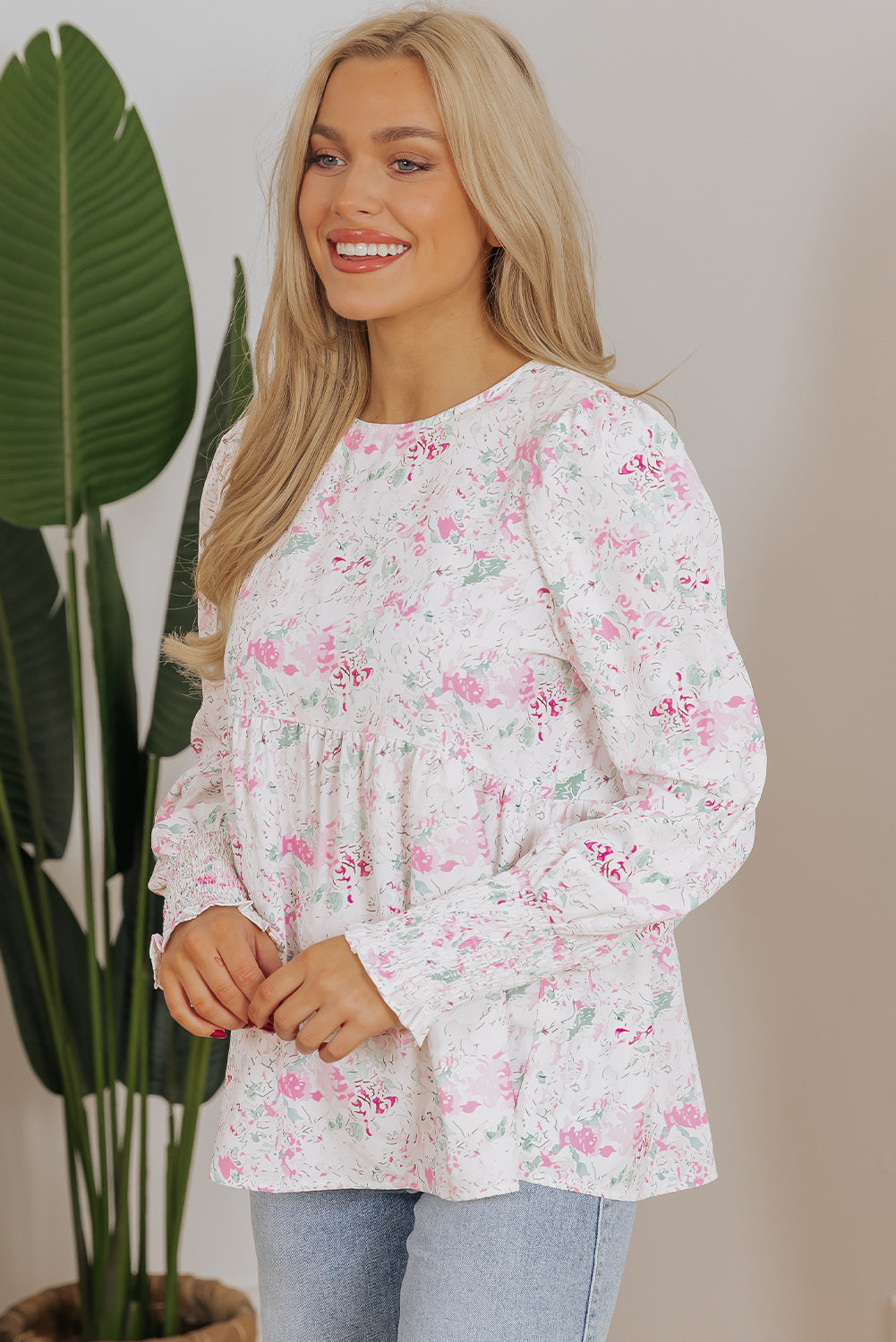 Blue Zone Planet | Pink Floral Print Shirred Balloon Sleeve Keyhole Back Babydoll Blouse-Tops/Blouses & Shirts-[Adult]-[Female]-2022 Online Blue Zone Planet